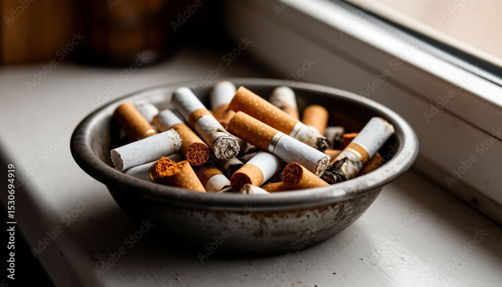 Cigarette butts in an ashtray. AI generated. Cigarette butts in an ashtray. AI generated.