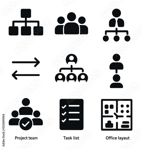 Organizational Icons Grid. Solid, filled icons set of organizational structure: hierarchy chart, department