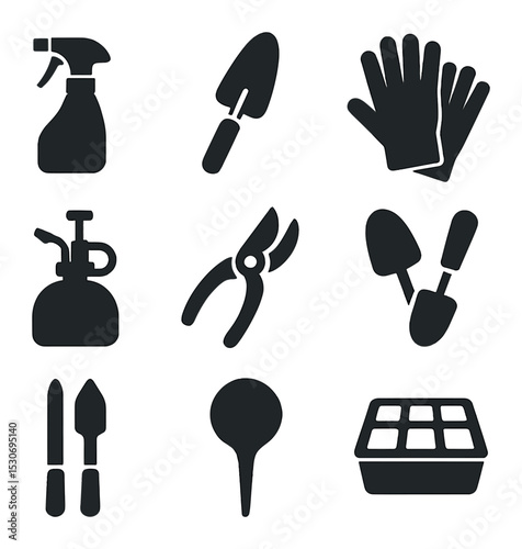 Indoor Gardening Icons. Solid, filled icons set of gardening tools for indoors: spray bottle, trowel, gloves,