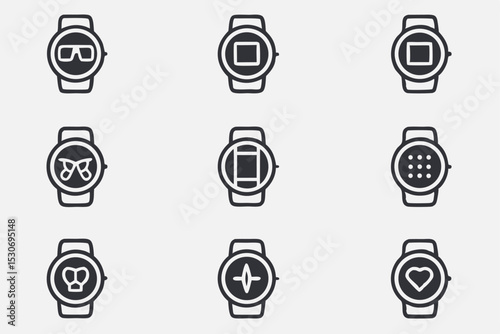 Nine smartwatch interface icons displaying various app symbols
