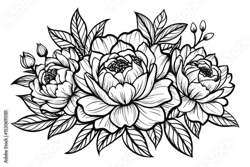 Elegant black and white peony line drawings floral bouquets isolated on transparent background