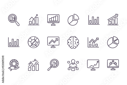 Business analytics and data chart icon set. vector line icons of graphs, pie charts, reports, growth, statistics, and marketing data.