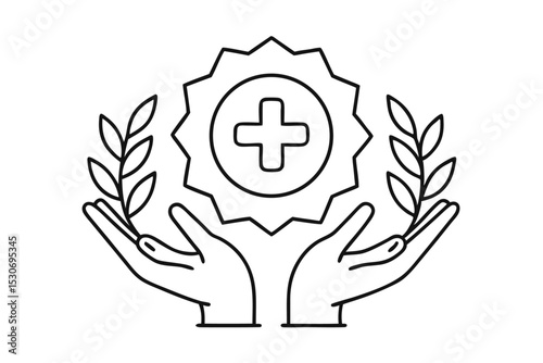 Award badge in hands with plus sign isolated on transparent background