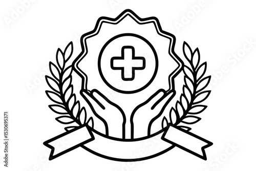 Award badge in hands with plus sign isolated on transparent background