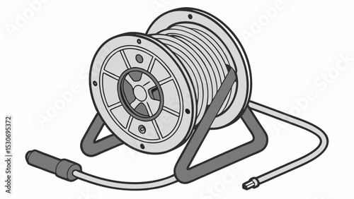 Illustration of a gray cable reel with a handle and cable wound around it on a white background