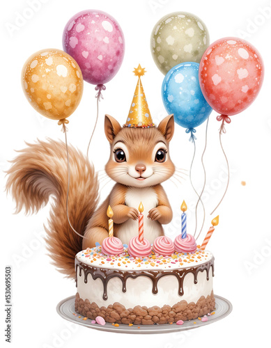 Adorable Squirrel Celebrating Birthday with Cake and Colorful Balloons in Festive Party Hat

