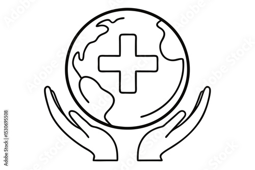 Global unity symbol hands holding globe with plus sign isolated on transparent background