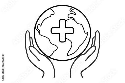 Global cooperation symbol plus sign within globe held by hands isolated on transparent background
