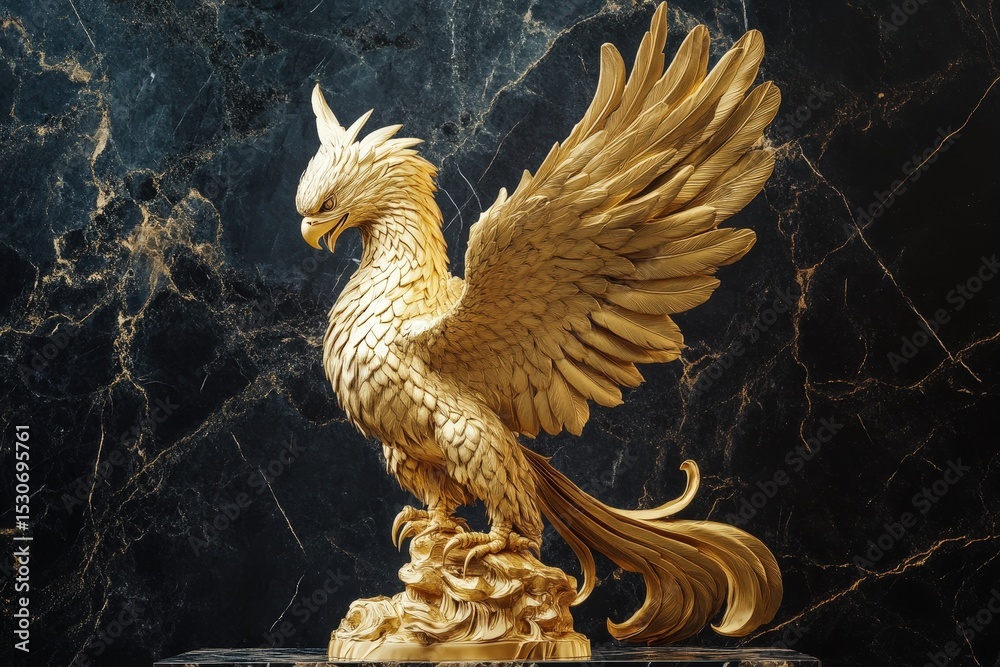 Fototapeta premium Ornate golden phoenix sculpture on dark marble backdrop.