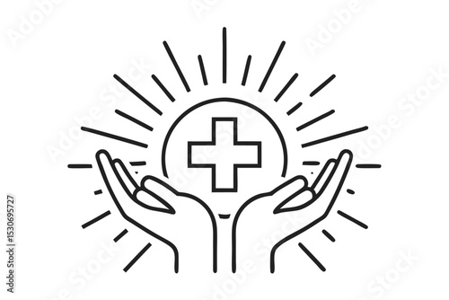 Continuous line art sun with plus sign in hands isolated on transparent background