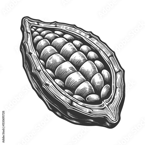 cacao pod showing cocoa beans inside, drawn in detailed vintage engraving style for food and botanical themes sketch engraving generative ai vector illustration. Scratch board. Black and white image.
