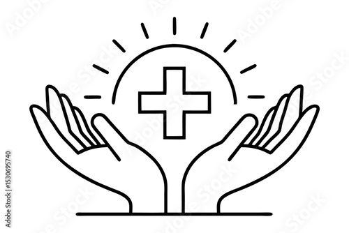 Continuous line art sun with plus sign in hands isolated on transparent background