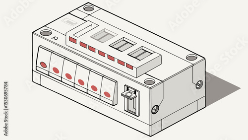 Isometric view of a white electrical control box with switches and indicators in a clean illustration style
