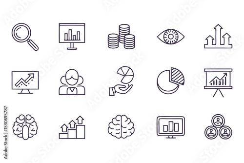 Business analytics and data chart icon set. vector line icons of graphs, pie charts, reports, growth, statistics, and marketing data.