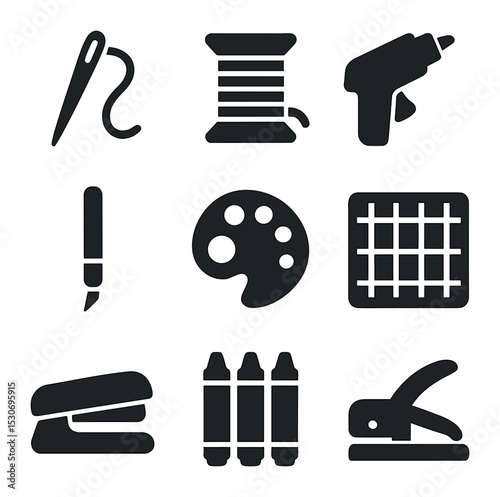 Crafting Tools Icons. Solid, filled icons set of crafting tools: needle, thread, hot glue, craft knife, paint