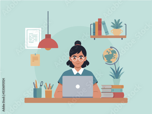 Young woman working on laptop in cozy home office setting with books and plants desk flat girl calm