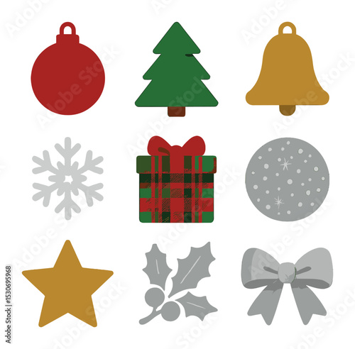 Festive Icons Grid. Solid, filled icons set of festive colors and themes: red, green, gold, silver, white,
