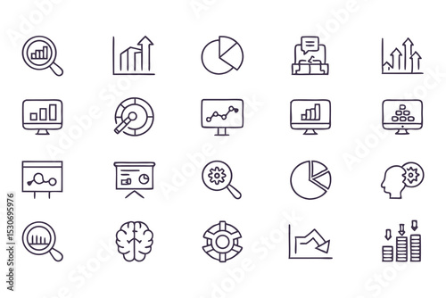 Business analytics and data chart icon set. vector line icons of graphs, pie charts, reports, growth, statistics, and marketing data.