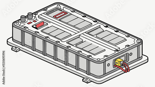 Isometric view of a gray rectangular device with multiple compartments and red wires attached to it
