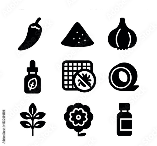 Natural Pest Deterrents Icons. Solid, filled icons set of natural pest deterrents: chili pepper, diatomaceous