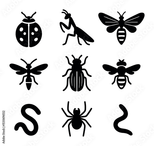 Beneficial Insect Icons. Solid, filled icons set of beneficial insects: ladybird beetle, praying mantis,
