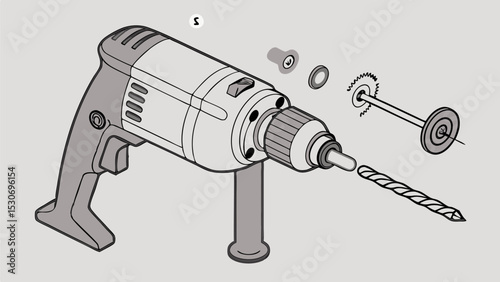 Illustration of a power drill with a drill bit and other components displayed in an exploded view format