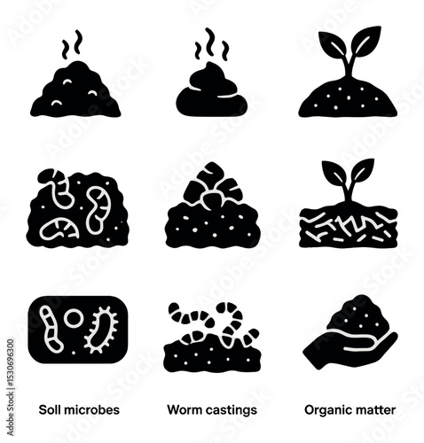 Organic Fertilizer Icons. Solid, filled icons set of organic fertilizers and soil health: compost pile, manure