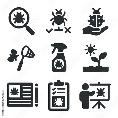 IPM Tools Icons. Solid, filled icons set of integrated pest management (IPM) tools: monitoring, thresholds,