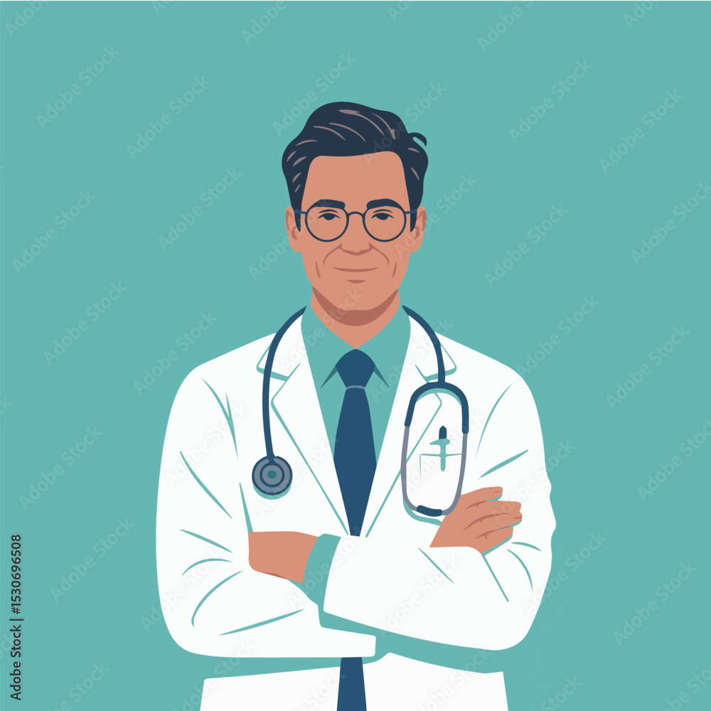 Fototapeta premium Confident male doctor portrait wearing white coat and stethoscope man flat calm care style health