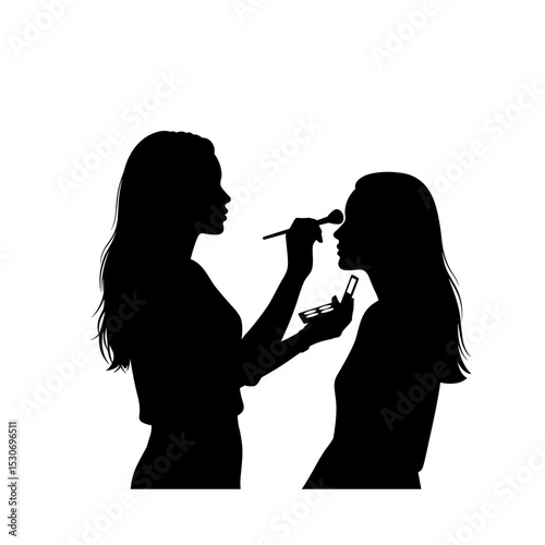 Woman applying makeup to another woman in silhouette setting