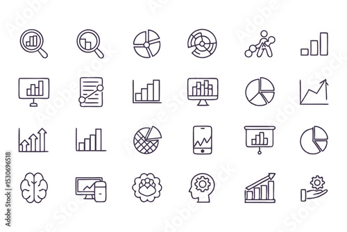 Business analytics and data chart icon set. vector line icons of graphs, pie charts, reports, growth, statistics, and marketing data.
