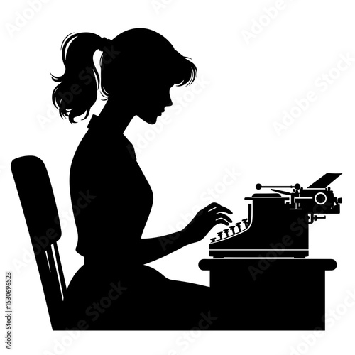 Young woman typing on vintage typewriter in silhouette concept of Art and creativity  