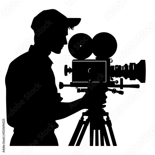 Film crew member operating a vintage camera silhouette