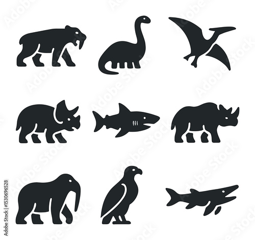 Prehistoric Creature Icons. Solid, filled icons set of prehistoric giant creatures: saber-tooth tiger,