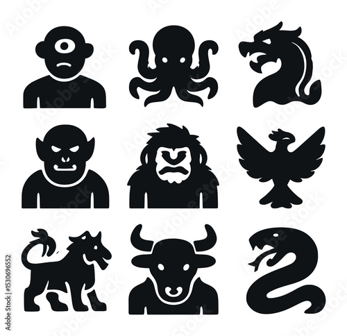 Mythical Giants Icons. Solid, filled icons set of mythical giant creatures: cyclops, kraken, leviathan, ogre,