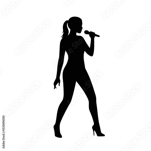 Woman singing into a microphone in silhouette against a white background  