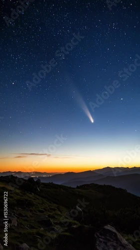 Spectacular comet soars across the night sky above a mountain range at dusk, creating a breathtaking celestial display with vibrant colors