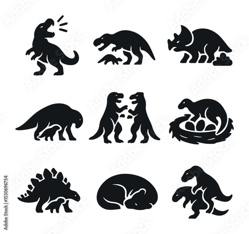 Giant Beasts Icon Grid. Solid, filled icons set of giant beasts behaviors: roaring, hunting, defending