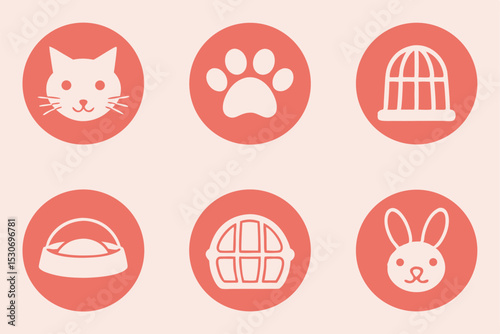 Adorable pet icons set cat rabbit paw print cage food bowl and carrier
