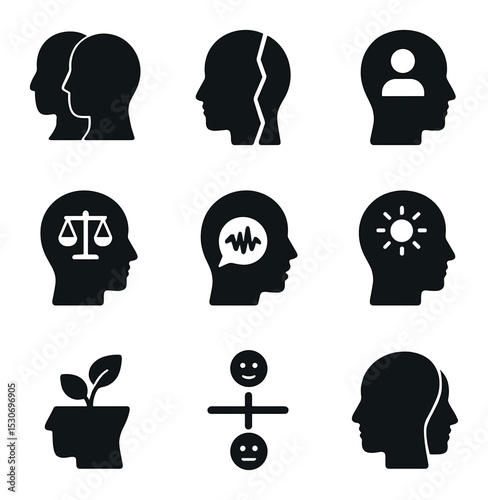 Psychological Icons Set. Solid, filled icons set of psychological concepts: shadow self, ego barrier, self