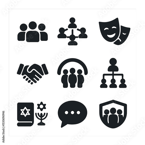 Social Icons Grid. Solid, filled icons set of social identity and roles: group of people, social network, role