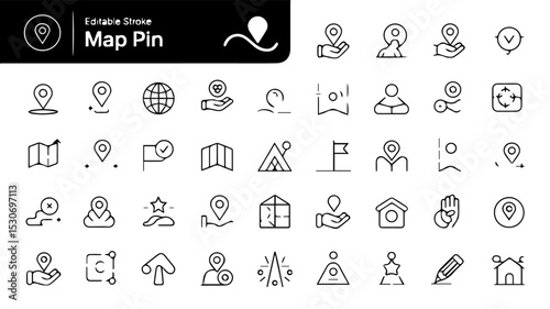 Editable stroke icon set of map pin and location concepts, featuring minimalist black line icons for navigation, landmarks, directions, and geolocation tools on a white background.