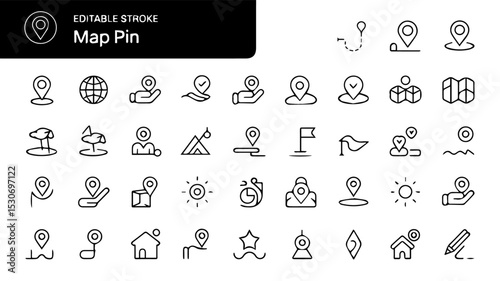 Editable stroke icon set of map pin and location concepts, featuring minimalist black line icons for navigation, landmarks, directions, and geolocation tools on a white background.