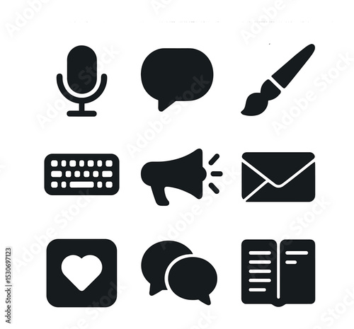 Communication Icons Grid. Solid, filled icons set of communication and self-expression: microphone, speech