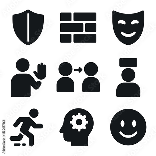 Ego Defense Icons Grid. Solid, filled icons set of ego defense mechanisms: shield, barrier wall, mask, denial