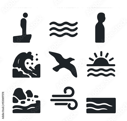 Cliffside Icon Set. Solid, filled icons set of a person standing on a cliff overlooking the ocean with waves