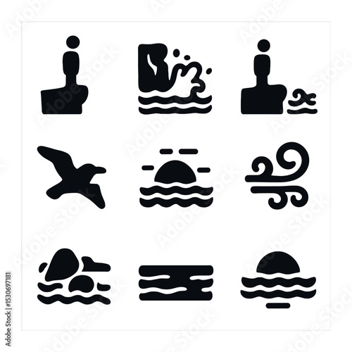 Cliffside Icon Set. Solid, filled icons set of a person standing on a cliff overlooking the ocean with waves