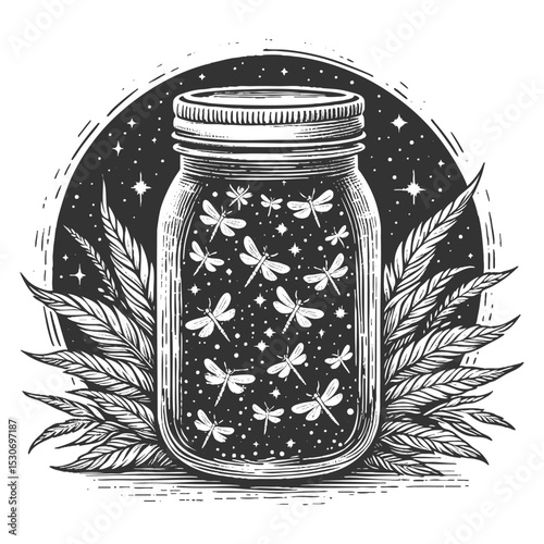 glowing fireflies inside a mason jar surrounded by leaves, with stars twinkling in the night sky sketch engraving generative ai vector illustration. Scratch board imitation. Black and white image.