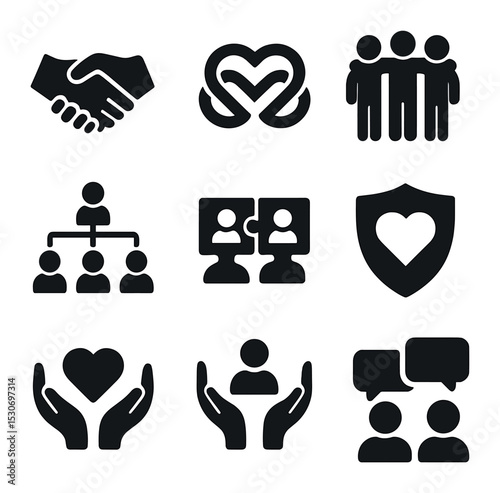 Interpersonal Icons Grid. Solid, filled icons set of interpersonal relationships and identity: handshake,
