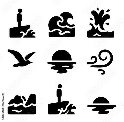 Ocean Cliff Icons. Solid, filled icons set of a person standing on a cliff overlooking the ocean with waves